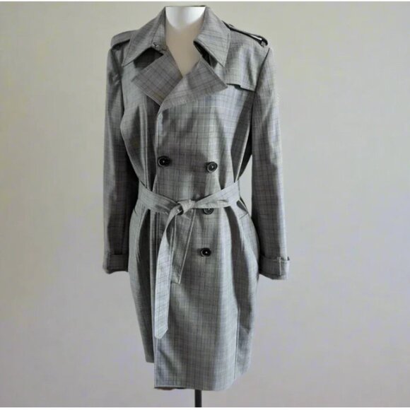 Elie Tahari Trench Coat Womens XL Gray Plaid Double Breasted Belted Jacket - Picture 4 of 10